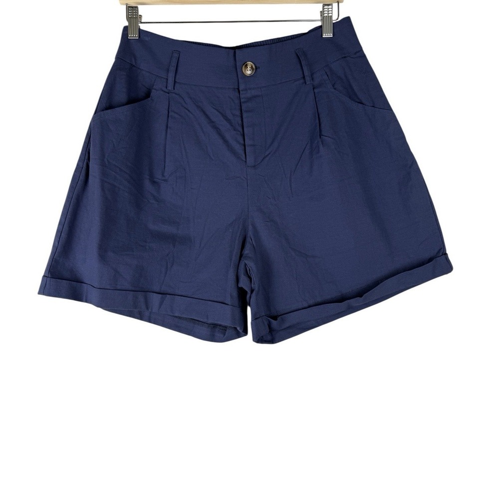 Belle Poque Blue High Rise Pleated Shorts Stretch Women's XL Retro Cuffed NEW